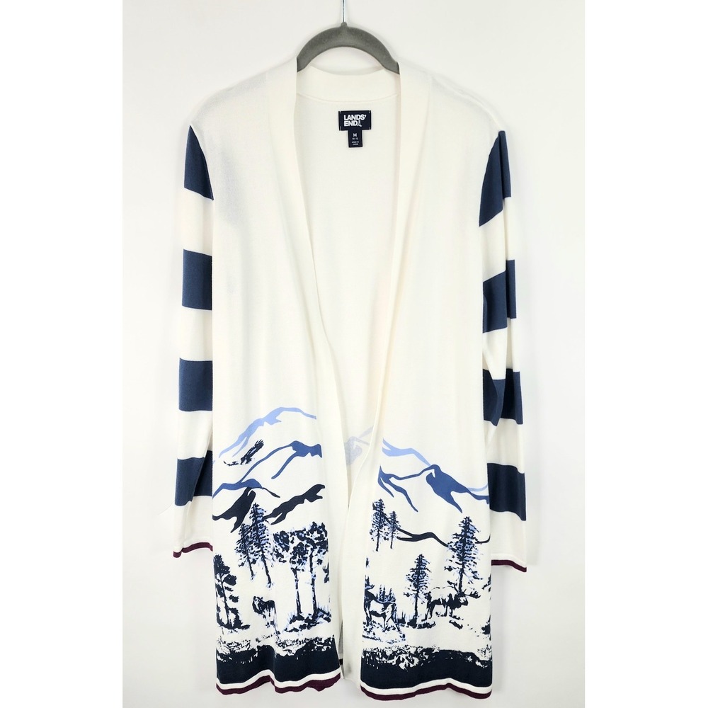 Lands' End Long Cardigan Sweater Women's M White Navy Open Front Wildlife Duster